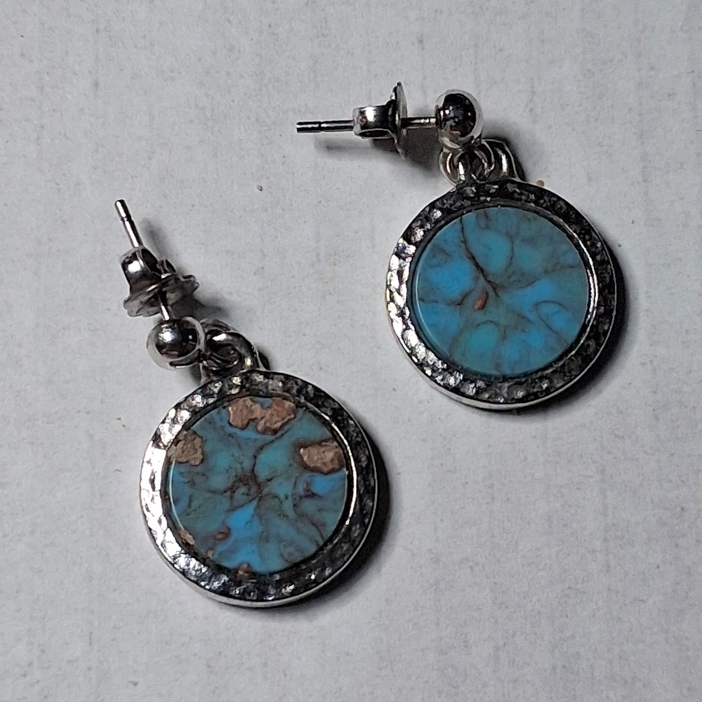 Vintage Pierced Stud Dangle Earrings Hammered Silver Tone Faux Turquoise Retro